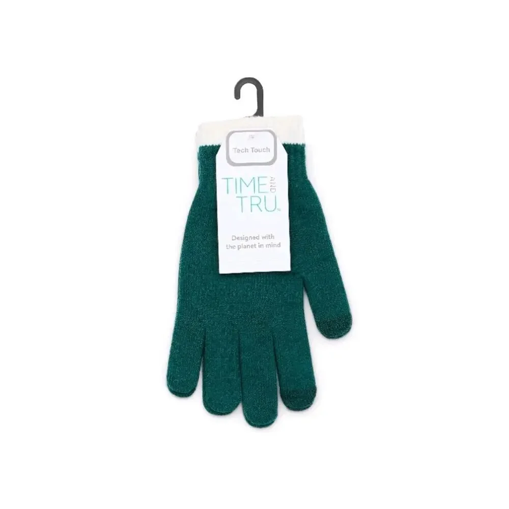 Time and Tru Women's Striped Beanie And Gloves, One Size Fits Most, Green Smoke